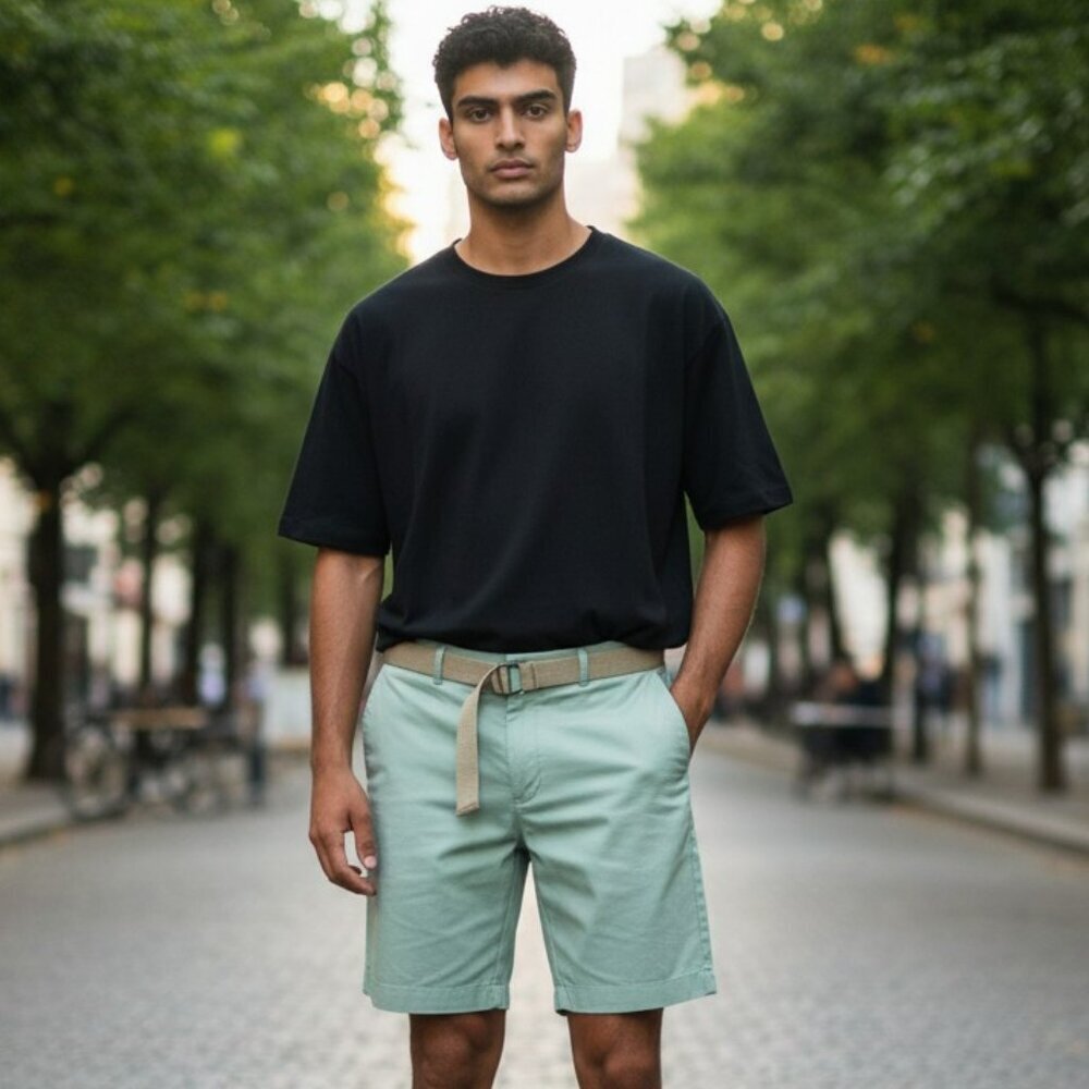 New Savane Select Edition Mens Size 38 Shorts with Belt Lt Green Flat Front NWT